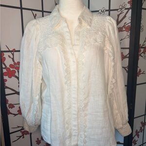 Alice + Olivia Cream Lace-Trim Button-Down Blouse